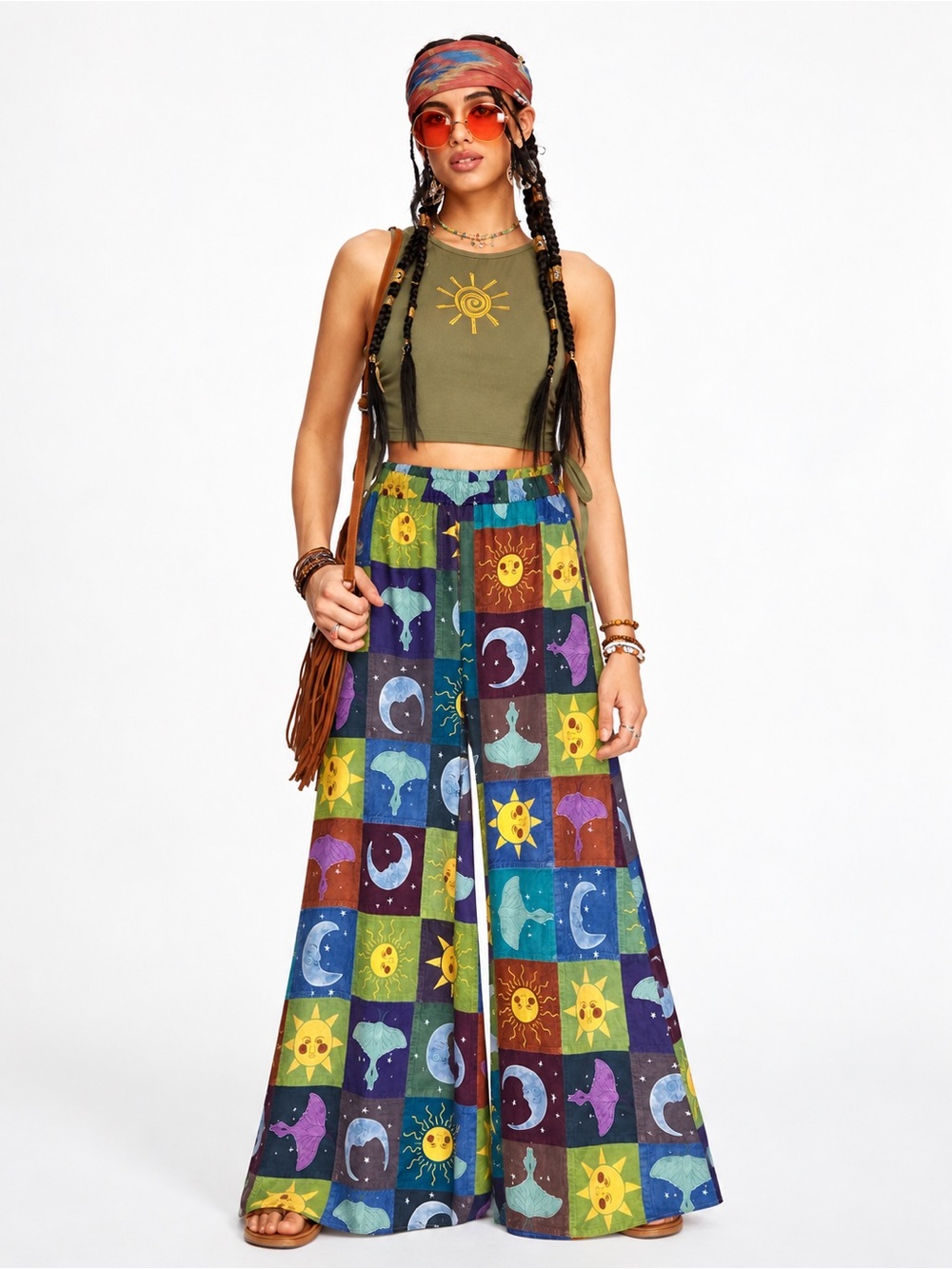 ROMWE Women’s Celestial Sun Moon Wide Leg Palazzo Pants Boho Multicolor Size M
